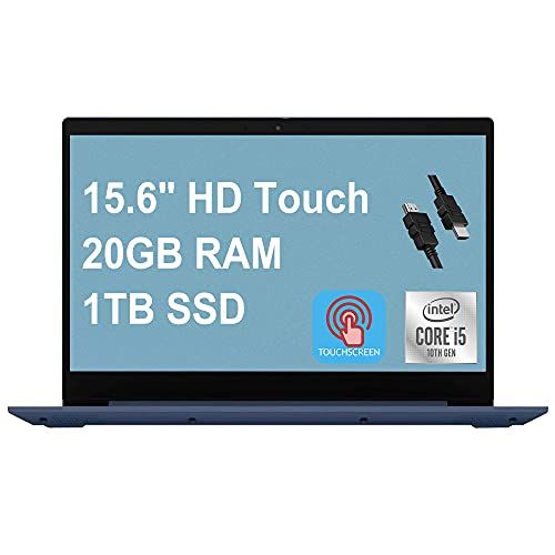 레노버 Flagship Lenovo IdeaPad 3 Business 15 Laptop Computer 15.6 HD Touchscreen 10th Gen Intel Quad-Core i5-10210U (Beats i7-8550U) 20GB RAM 1TB SSD Dolby Webcam Win 10 Blue + HDMI Cable