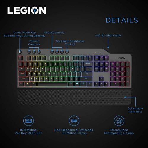 레노버 Lenovo GY40T26478 Legion K500 RGB Mechanical Gaming Keyboard, 3 Zone Full-Size Keyboard, 7 User Programmable Hot Keys; 16.8 Million Colors, 50 Million-Click Red Mechanical Keys, De