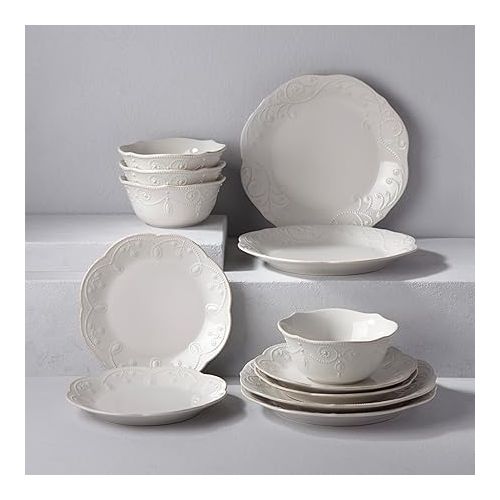 레녹스 Lenox French Perle 12-Piece Dinnerware Set, White, with Accent Plates