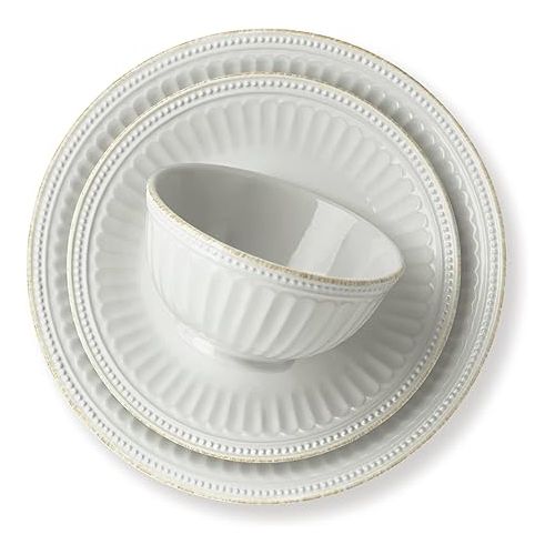 레녹스 Lenox French Perle Groove 12-Piece Plate & Bowl Set, 23.05 LB, White