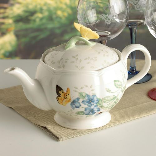 레녹스 Taza Lenox con mariposas de la pradera, Tetera con tapa, Blanco