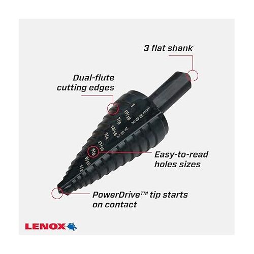 레녹스 Lenox Tools Step Drill Bit, 1/2-Inch to 1-Inch with 3/8-Inch Shank (30882VB2)