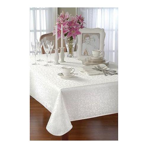 레녹스 Lenox Opal Innocence 60” x 84” White Rectangle Tablecloth Machine Washable, Wrinkle-Resistant, Table Cover