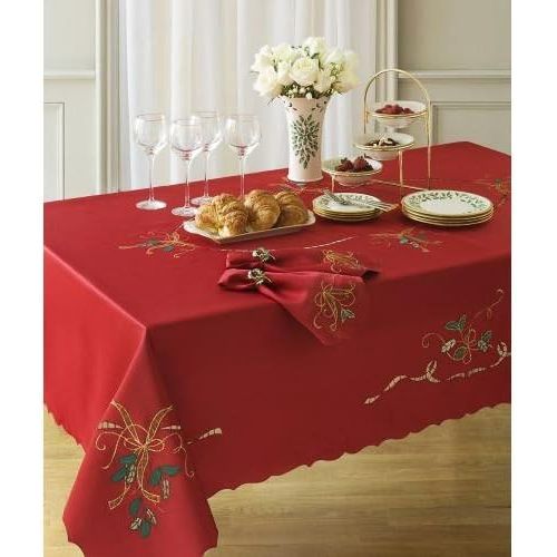 레녹스 Lenox Holiday Nouveau Tablecloth, 60 by 84-Inch Oblong/Rectangle, Red