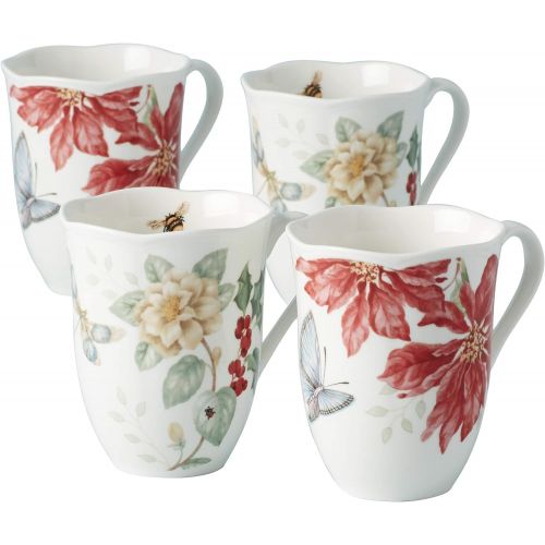 레녹스 Lenox Butterfly Meadow Holiday 4-Piece Mug Set, 2.40 LB, Red & Green