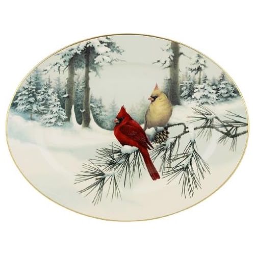 레녹스 Lenox Winter Greetings Scenic 16-Inch Gold-Banded Fine China Oval Serving Platter