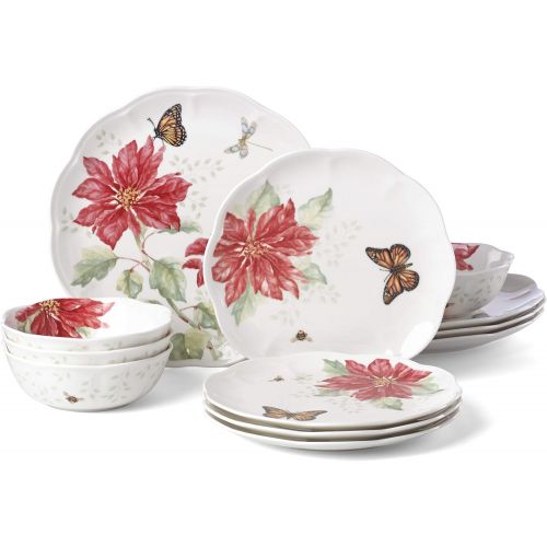 레녹스 Lenox Butterfly Meadow Christmas Poinsettia 12 Piece Dinnerware Set