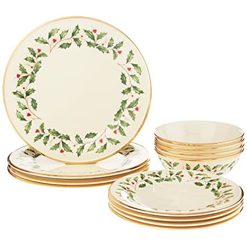 레녹스 Lenox Holiday 12 Piece Plate & Bowl Set, 14.90 LB, Red & Green