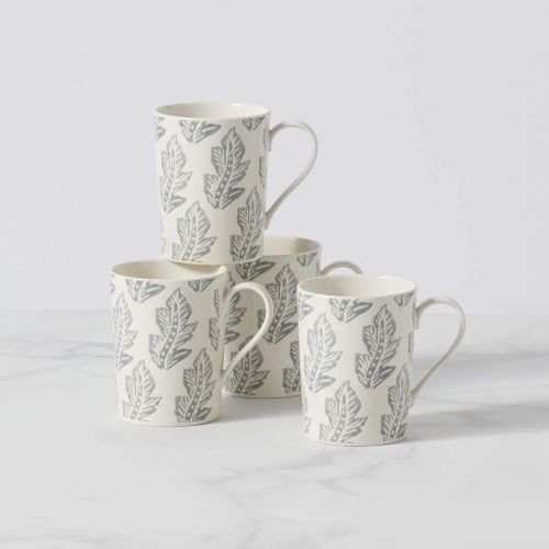 레녹스 Lenox Textured Neutrals Leaf 4 Piece Mug Set, 2.65 LB, Blue