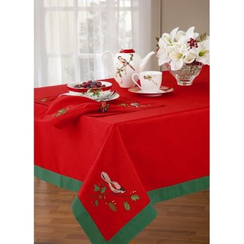 레녹스 Lenox Winter Song 60 Inch by 120 Inch Oblong/Rectangle Embroidery Tablecloth, Red