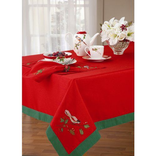 레녹스 Lenox Winter Song 60 Inch by 120 Inch Oblong/Rectangle Embroidery Tablecloth, Red