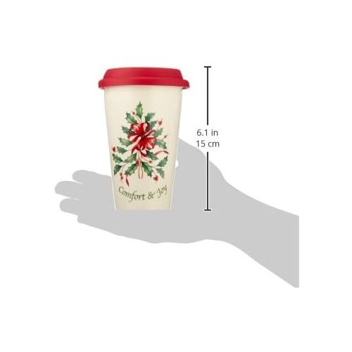 레녹스 Lenox Holiday Comfort & Joy Double Wall Ceramic Thermal Travel Mug, 12 oz.