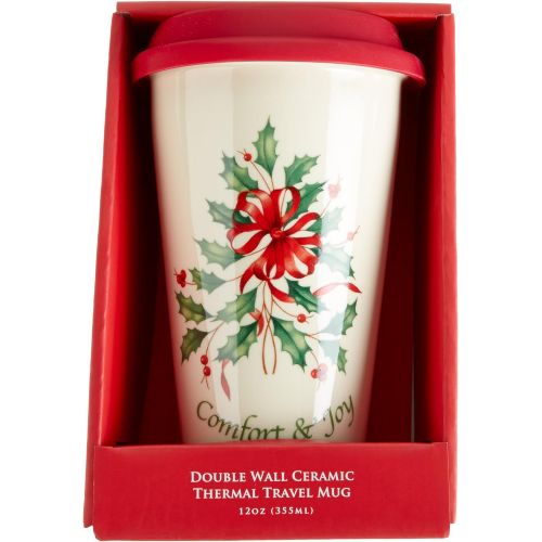 레녹스 Lenox Holiday Comfort & Joy Double Wall Ceramic Thermal Travel Mug, 12 oz.