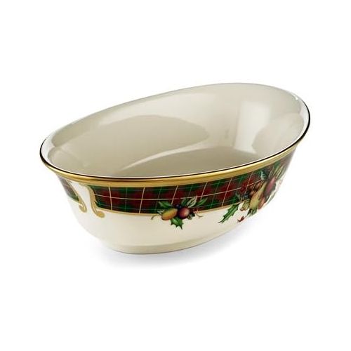 레녹스 Lenox Holiday Tartan Gold Banded Ivory China Open Vegetable Bowl