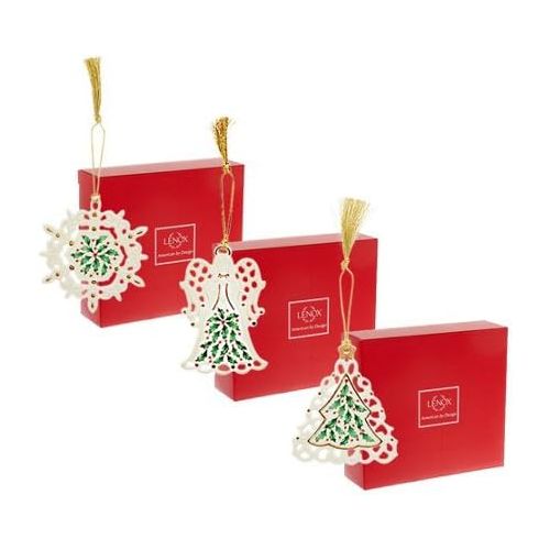 레녹스 Lenox Holiday Porcelain Ornaments Set of 3, Angel, Tree and Snowflake