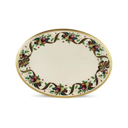 레녹스 Lenox Holiday Tartan Gold Banded Ivory China 13 Oval Platter