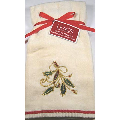 레녹스 Lenox Holiday Nouveau Kitchen Towels Set of 2 (Embroidered Holly)