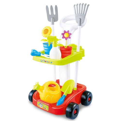레녹스 Lenoxx Garden Toy cart Kids Gardening Tools | Educational Toys Children | 23’ Tall Wheeled cart Trolley | Pretend Play Toys Kids | Two Shelves | 2 Rakes, 2 Flower Pots, Watering Spray Bot