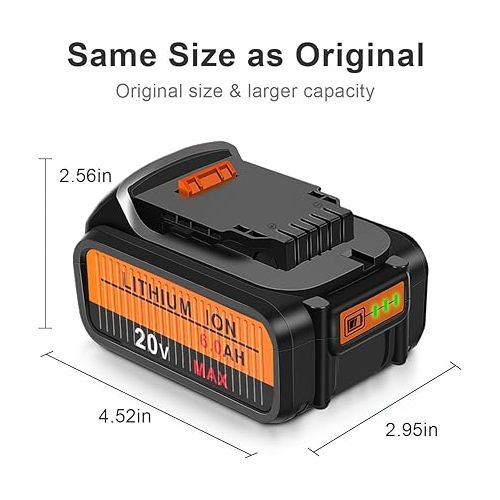  4Pack 20V 6.0Ah Replacement for Dewalt 20V Battery Cordless Power Tool Battery DCB200 Compatible with Dewalt DCD DCF DCG Tools Series