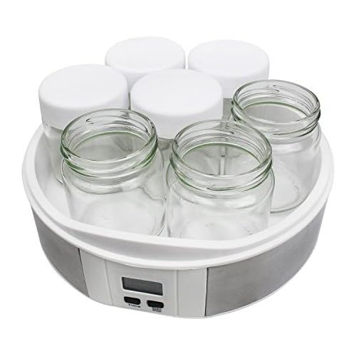  Leogreen - Joghurtmaschine, Joghurt-Maker, Joghurtschuessel mit Sieb und 6 Glaser, mit Timer, 30,6 x 25 x 12,4 cm, Weiss, Kapazitat pro Glas: 0,21 L