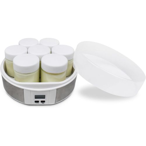  Leogreen - Joghurtmaschine, Joghurt-Maker, Joghurtschuessel mit Sieb und 6 Glaser, mit Timer, 30,6 x 25 x 12,4 cm, Weiss, Kapazitat pro Glas: 0,21 L