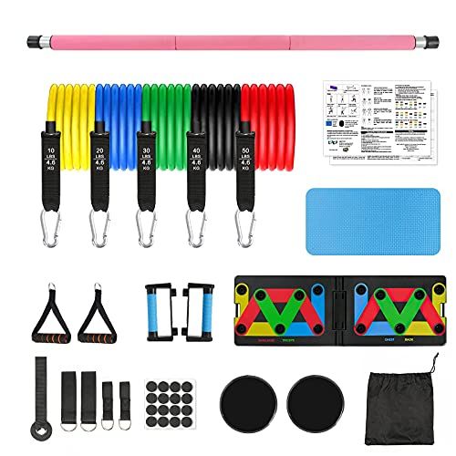 Leogreen Portable Pilates Bar Kit with Resistance Band & Handles, Pilates Exercise Stick Set with Push Up Board, Door Anchor, Core Sliders, Home Gym Workout Fitness Equipment