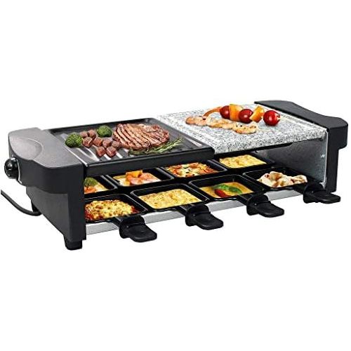  [아마존베스트]Leogreen Raclette Grill 8 Person Raclette Party Grill with Natural Grill Stone and Reversible Cast Iron Plate 1200 W Electric Grill Includes 8 Pans