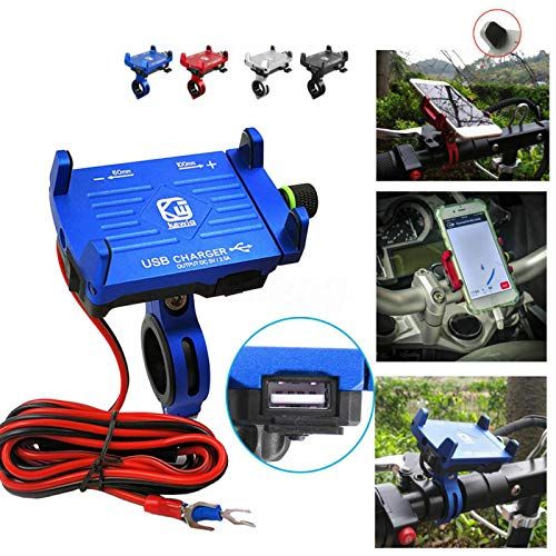  Leoie CNC Motorcycle Handlebar Mount Smartphone Mobile Phone Holder with USB Charger 5V 2.5A Blue