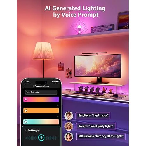  Lepro B1 Smart Light Bulbs - AI Generated Lighting, AI Mood Recognition, Lightbeats Music Sync, 2.4Ghz WiFi & Bluetooth LED RGB Bulb with App Control, Compatible with Alexa & Google Assistant, 4 Packs