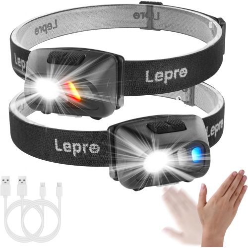  Lepro LED Headlamp Flashlights with Motion Sensor, Super Bright 1500Lux Head Lamp, 5 Lighting Modes, IPX4 Water Resistance, USB Rechargeable, Perfect for Adults and Kids, 2 Pack