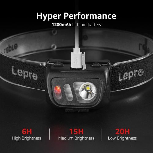  Lepro LED Headlamp Flashlights with Motion Sensor, Super Bright 1500Lux Head Lamp, 5 Lighting Modes, IPX4 Water Resistance, USB Rechargeable, Perfect for Adults and Kids, 2 Pack