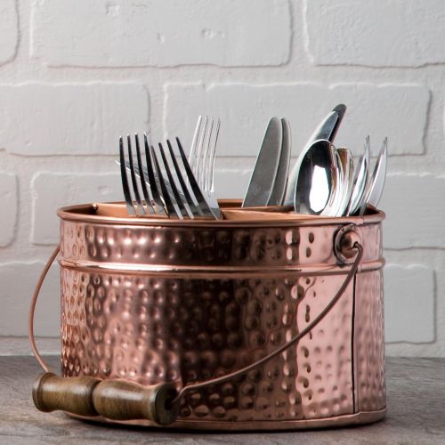  Leraze Elegant 4-compartment Kitchen Utensil Holder, Hammered Copper Galvanized Caddy with Wooden Handle for Cutlery Crock, Countertop Organizer