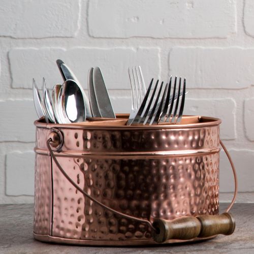  Leraze Elegant 4-compartment Kitchen Utensil Holder, Hammered Copper Galvanized Caddy with Wooden Handle for Cutlery Crock, Countertop Organizer