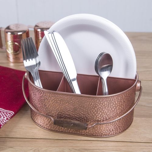  Leraze Elegant 4-compartment Kitchen Utensil Holder, Hammered Copper Galvanized Caddy with Wooden Handle for Cutlery Crock, Countertop Organizer