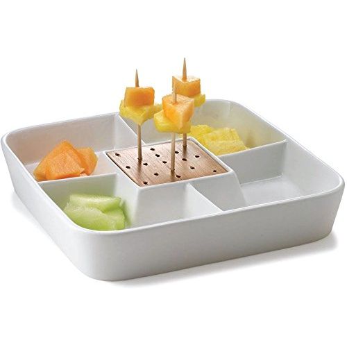  Leraze Food Server Display Plate  Multi Sectional Compartment Serving Tray  White Ceramic Square Appetizer and Snack Serving Tray with Bamboo Toothpick Holder