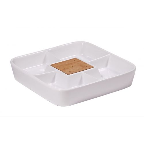  Leraze Food Server Display Plate  Multi Sectional Compartment Serving Tray  White Ceramic Square Appetizer and Snack Serving Tray with Bamboo Toothpick Holder