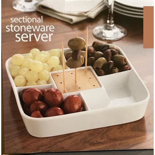  Leraze Food Server Display Plate  Multi Sectional Compartment Serving Tray  White Ceramic Square Appetizer and Snack Serving Tray with Bamboo Toothpick Holder