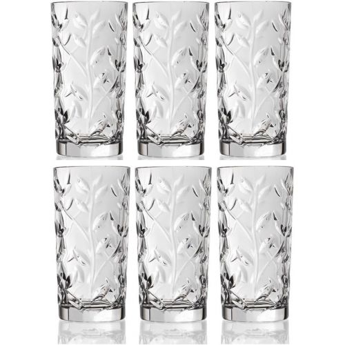  Leraze Crystal Highball Glasses [Set of 6] Drinking Glasses for Water, Juice, Beer, Wine, and Cocktails Tall Clear Heavy Base Bar Glass With Leaf/Twig Design, | 12 Ounces