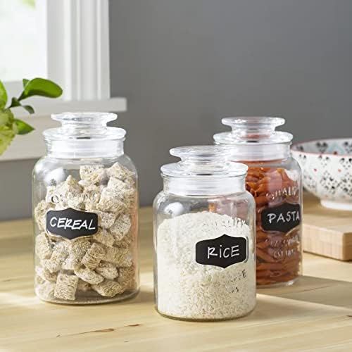  Leraze Glass Canister Set for Kitchen or Bathroom, Apothecary Glass Food Storage Jars with Airtight Lid and Chalkboard Labels - Set of 3 Cookie and Candy Jars, Storage Containers