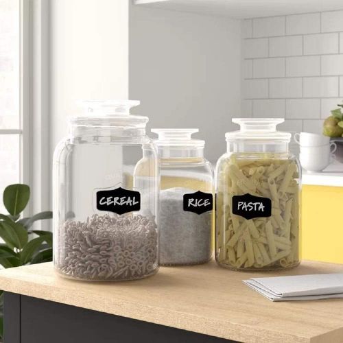  Leraze Glass Canister Set for Kitchen or Bathroom, Apothecary Glass Food Storage Jars with Airtight Lid and Chalkboard Labels - Set of 3 Cookie and Candy Jars, Storage Containers