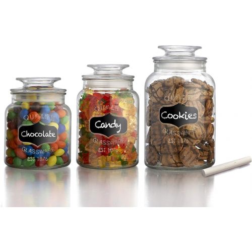  Leraze Glass Canister Set for Kitchen or Bathroom, Apothecary Glass Food Storage Jars with Airtight Lid and Chalkboard Labels - Set of 3 Cookie and Candy Jars, Storage Containers