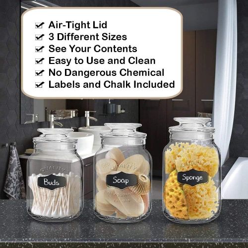  Leraze Glass Canister Set for Kitchen or Bathroom, Apothecary Glass Food Storage Jars with Airtight Lid and Chalkboard Labels - Set of 3 Cookie and Candy Jars, Storage Containers