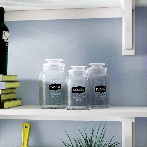  Leraze Glass Canister Set for Kitchen or Bathroom, Apothecary Glass Food Storage Jars with Airtight Lid and Chalkboard Labels - Set of 3 Cookie and Candy Jars, Storage Containers