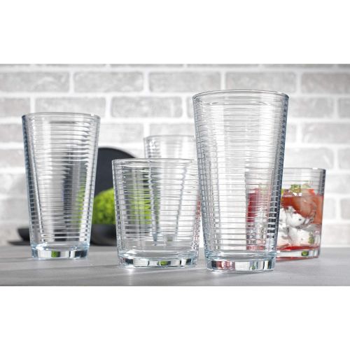  [아마존베스트]Le'raze Set of 16 Heavy Base Ribbed Durable Drinking Glasses Includes 8 Cooler Glasses (17oz) and 8 Rocks Glasses (13oz), - Clear Glass Cups - Elegant Glassware Set
