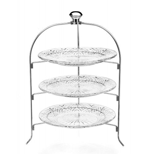  Leraze 3 Tier Round Serving Platter, Three Tiered Cake Tray Stand, Food Server Display Plate Rack, Crystal Clear, with Silver Stand, Dessert Server Stand/Cupcake Tower/Appetizer Serving T