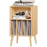 Lerliuo Record Player Stand, Natural Turntable Stand Holds up to 160 Albums, Mid-Century Vinyl Storage Cabinet Table with Solid Wood Legs, Record Player Holder Dispaly Shelf for Bedroom Living Room