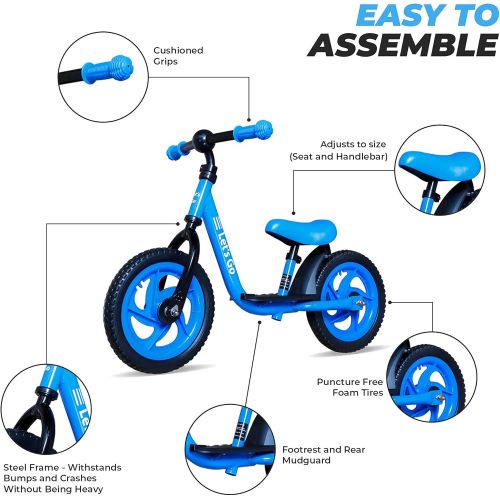  Lets Go 12 Inch Balance Bike with Foot Rest for 2-5 Years Old - Steel Balance to Pedal Bike with Platform and Mud Guard - Adjustable Seat and Handlebars - Puncture-Free Tire