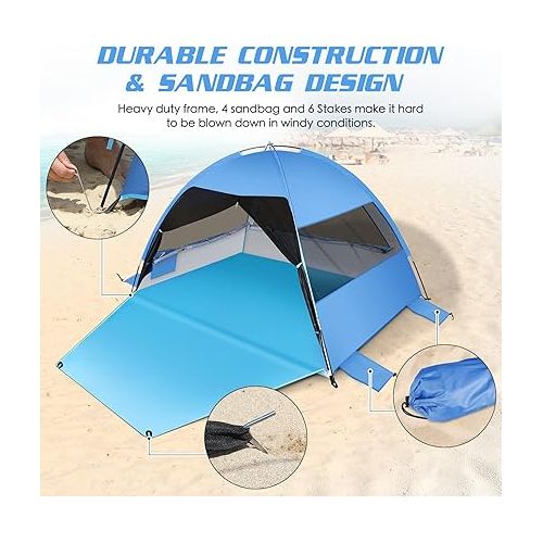  Large Easy Setup Beach Tent,Anti-UV Shelter Canopy Sun Shade with Extended Floor & 3 Mesh Roll Up Windows Fits 3-4 Person,Portable Shade Tent for Outdoor Camping Fishing (Blue)