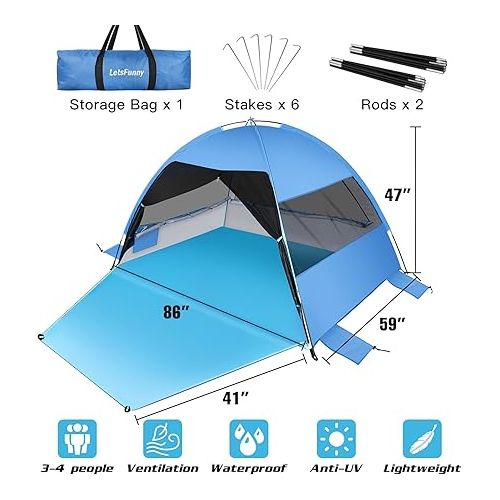  Large Easy Setup Beach Tent,Anti-UV Shelter Canopy Sun Shade with Extended Floor & 3 Mesh Roll Up Windows Fits 3-4 Person,Portable Shade Tent for Outdoor Camping Fishing (Blue)