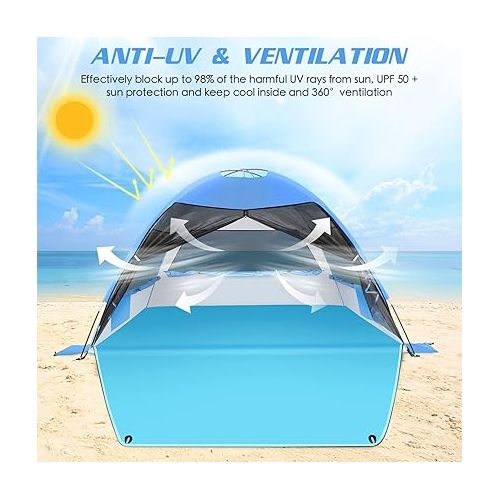  Large Easy Setup Beach Tent,Anti-UV Shelter Canopy Sun Shade with Extended Floor & 3 Mesh Roll Up Windows Fits 3-4 Person,Portable Shade Tent for Outdoor Camping Fishing (Blue)